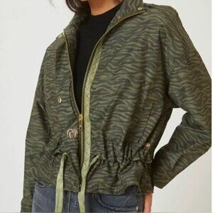 Scotch & Soda Loose Fit Jacket Striped Tiger Animal Print Khaki Green Size Large